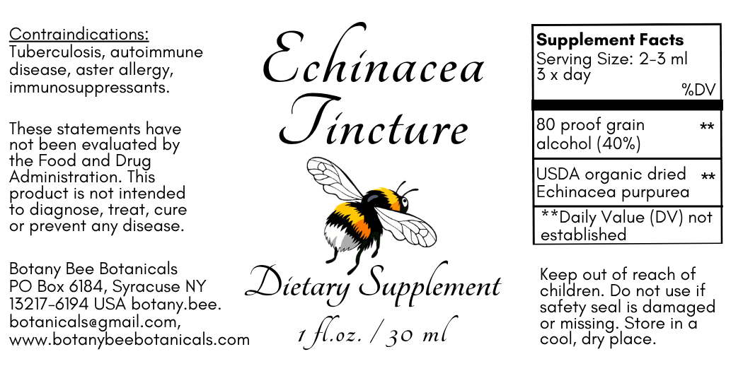 A product label for Botany Bee Botanicalics Echinacea Tincture dietary supplement, featuring a bumblebee illustration, usage instructions, and a supplement facts panel on a white background.