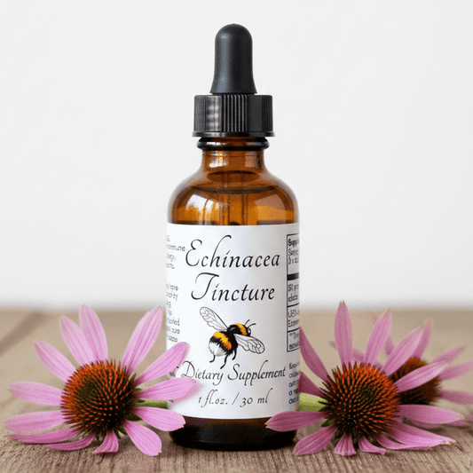 An amber glass dropper bottle labeled 'Echinacea Tincture' with a black cap, centered on a light wood surface with two pink echinacea flowers on each side against a plain light background.