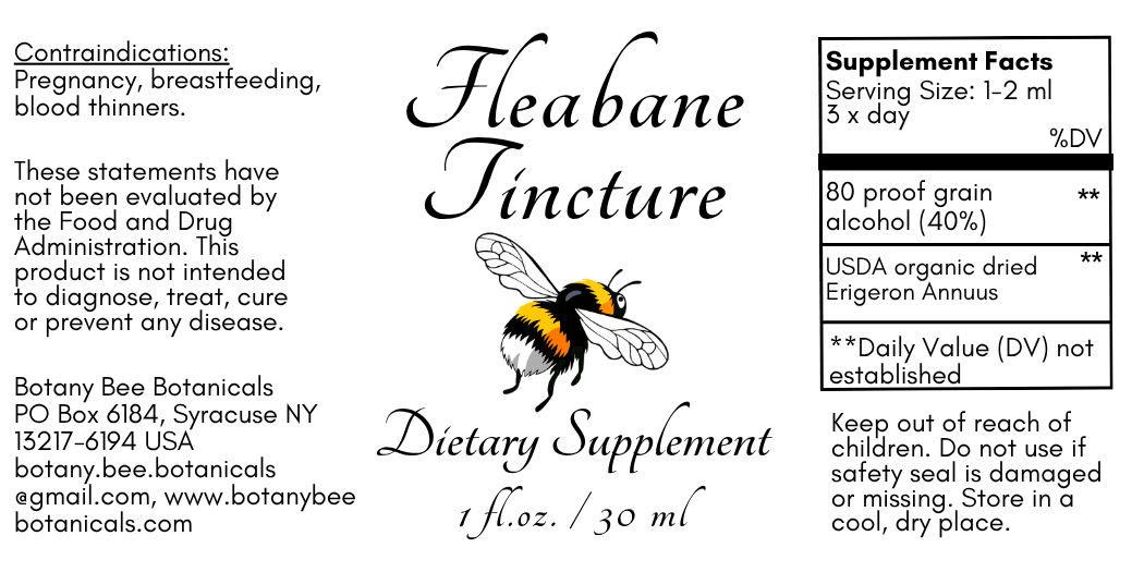 A product label for Fleabane Tincture dietary supplement by Botany Bee Botanicals, featuring a bee illustration, usage instructions, and a supplement facts panel on a black background.