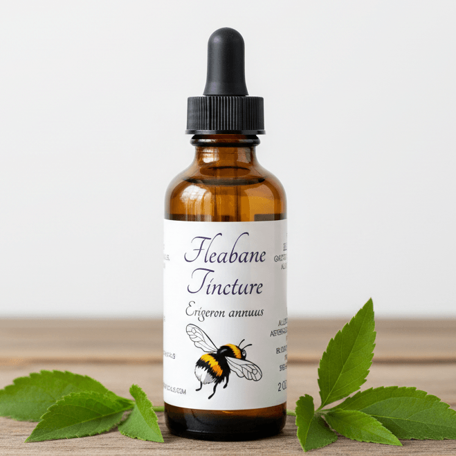 An amber glass dropper bottle labeled 'Heabane Tincture' with a black dropper cap, placed on a wooden surface with green leaves on both sides against a light gray background.