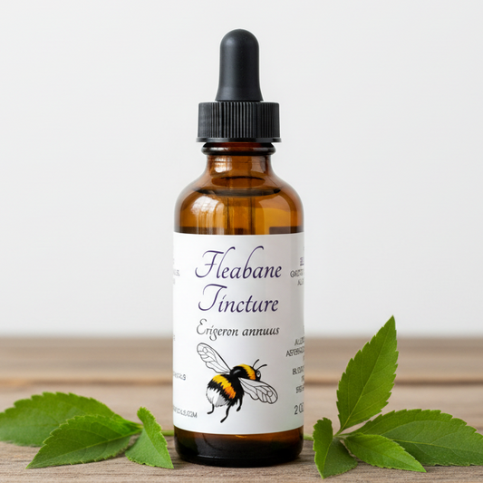 Label for Fleabane Tincture with a bee illustration and botanical details.