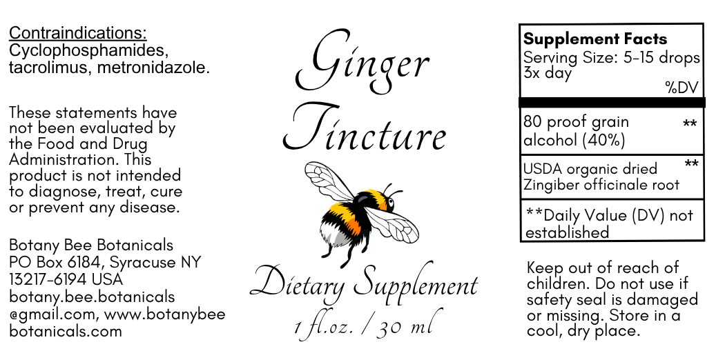 Label of Botany Bee Botanicals Ginger Tincture dietary supplement with bee illustration.