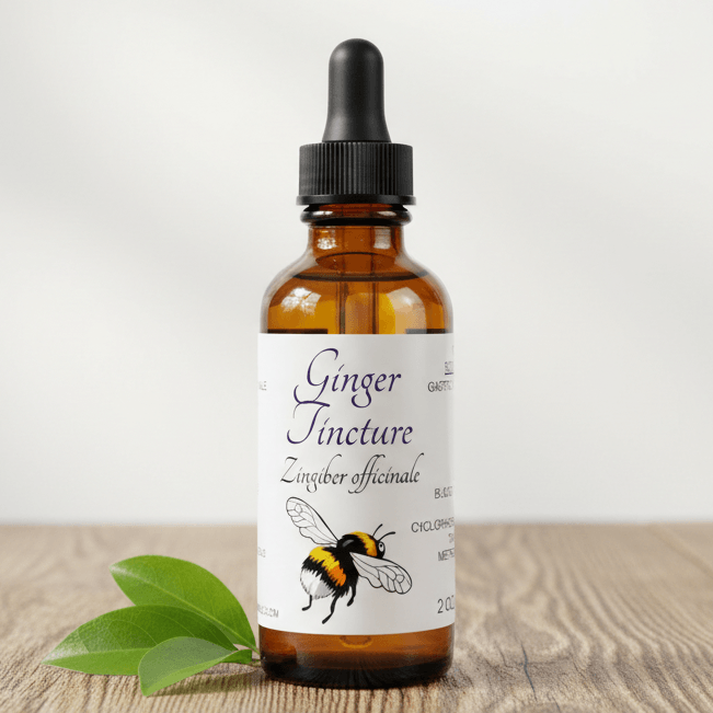 An amber glass dropper bottle labeled 'Ginger Jincture' with a black cap, standing on a wooden surface with green leaves at its base against a light gray background.