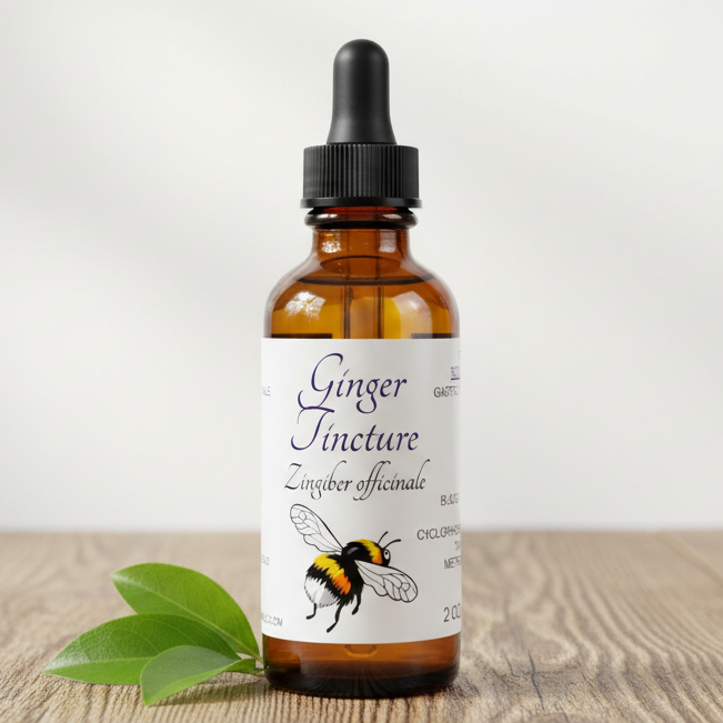 Label for Ginger Tincture with a bee illustration on a white background