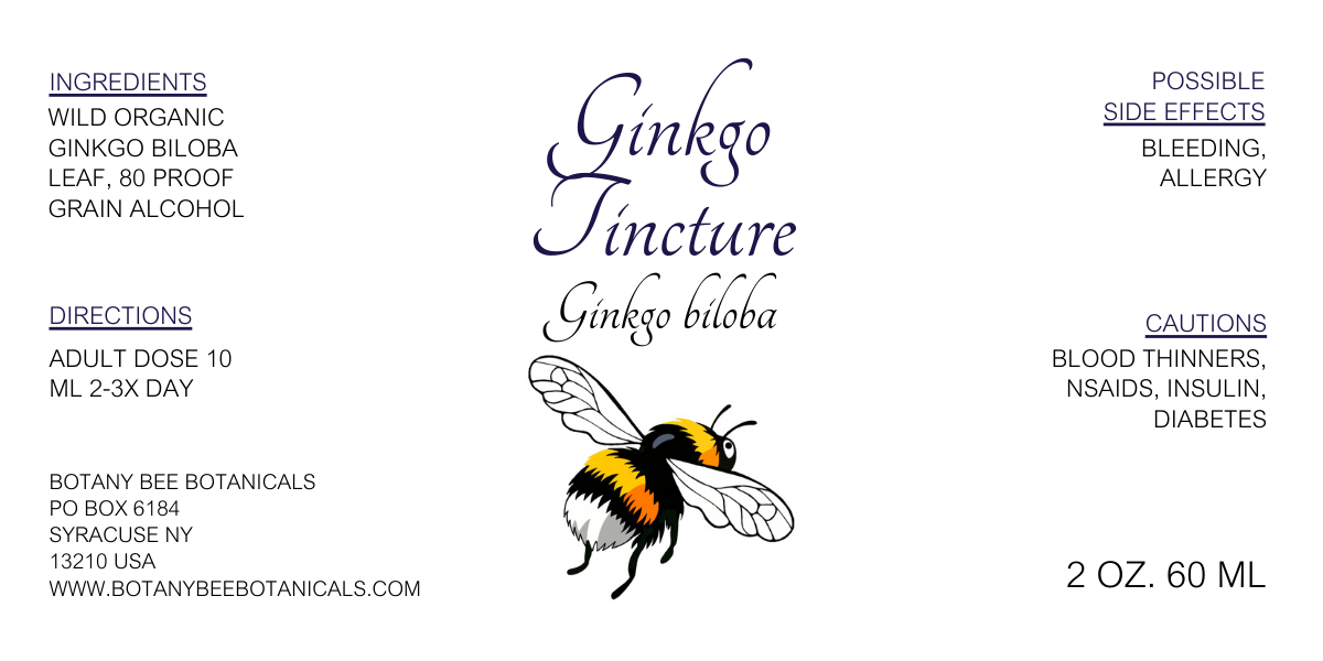 Label for Ginkgo Tincture with a bee illustration on a white background