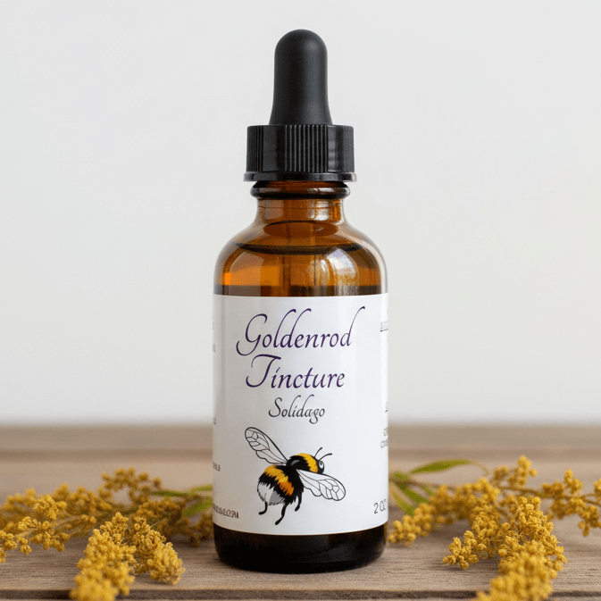 An amber glass dropper bottle labeled 'Goldenrod Tincture Solidago' with a black dropper cap, set on a wooden surface with yellow flowers around it against a light neutral background.