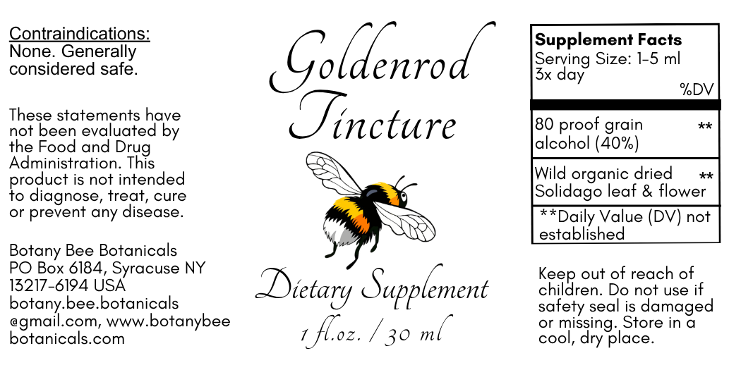 Label for Botany Bee Botanicals Goldenrod Tincture dietary supplement with bee illustration.