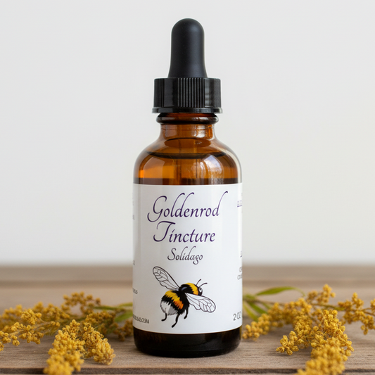 Label for Goldenrod Tincture Solidago with a bee illustration and text details.