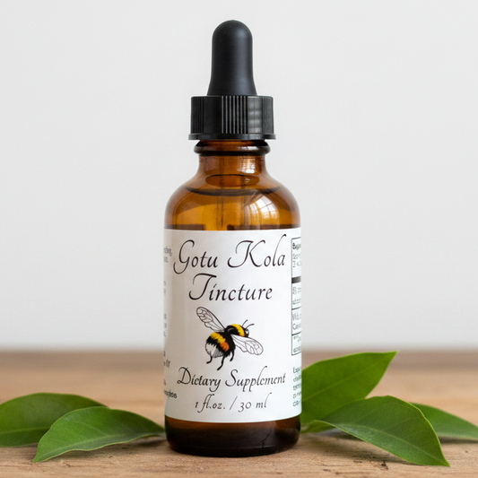 Label for Gotu Kola Tincture dietary supplement with botanical bee illustration and text.
