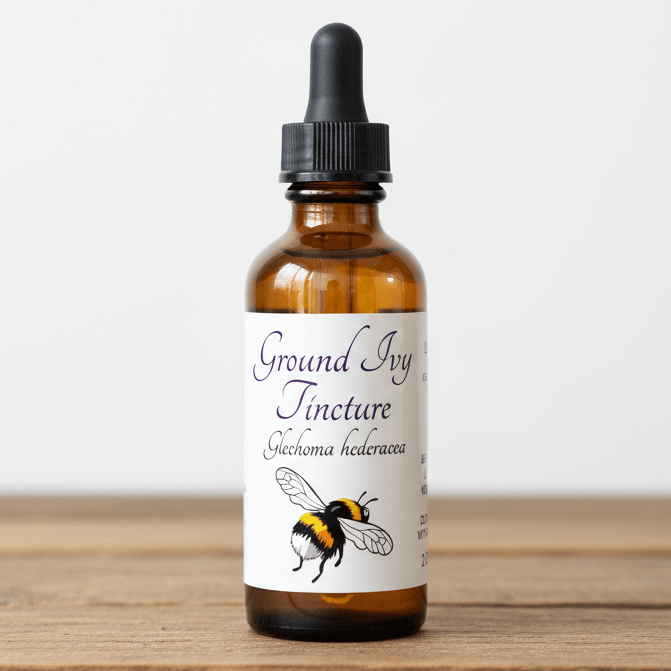 An amber glass dropper bottle of Ground Ivy Tincture with a black dropper cap and a white label featuring a bumblebee illustration, set on a wooden surface against a light background.