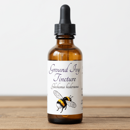 An amber glass dropper bottle of Ground Ivy Tincture with a black dropper cap and a white label featuring a bumblebee illustration, set on a wooden surface against a light background.