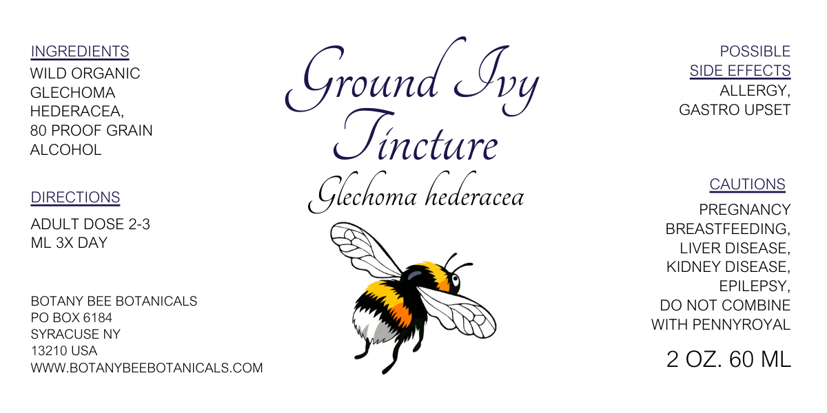 Label for Ground Ivy Tincture with botanical illustration and text details.