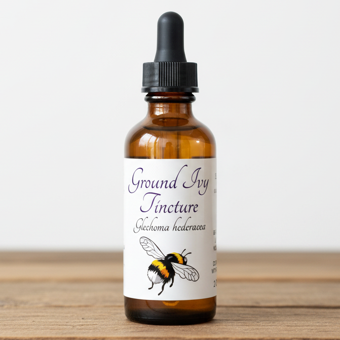 Label for Ground Ivy Tincture with botanical illustration and text details.