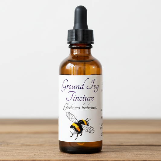 Label for Ground Ivy Tincture with botanical illustration and text details.