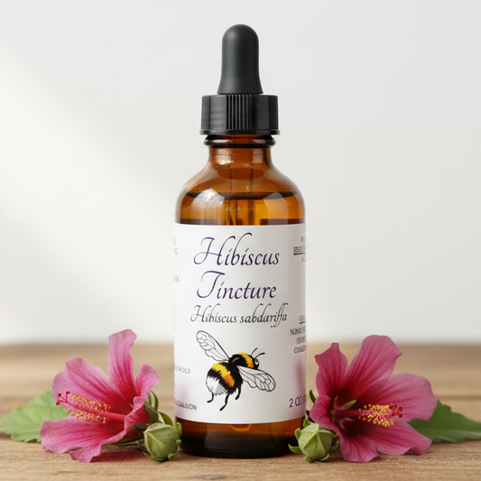 Label for Hibiscus Tincture with a bee illustration and text details.
