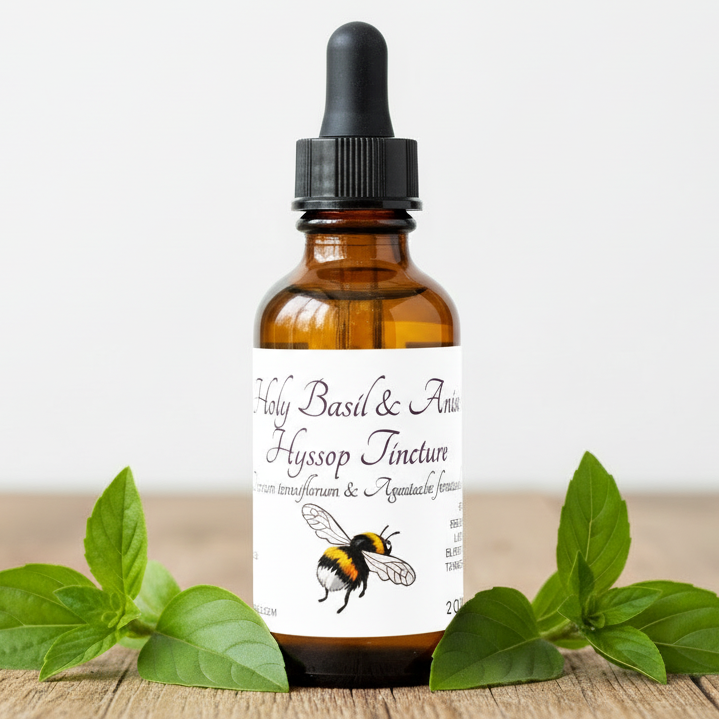 Label for Holy Basil & Anise Hyssop Tincture with a bee illustration and text details.