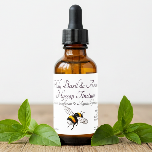 Label for Holy Basil & Anise Hyssop Tincture with a bee illustration and text details.