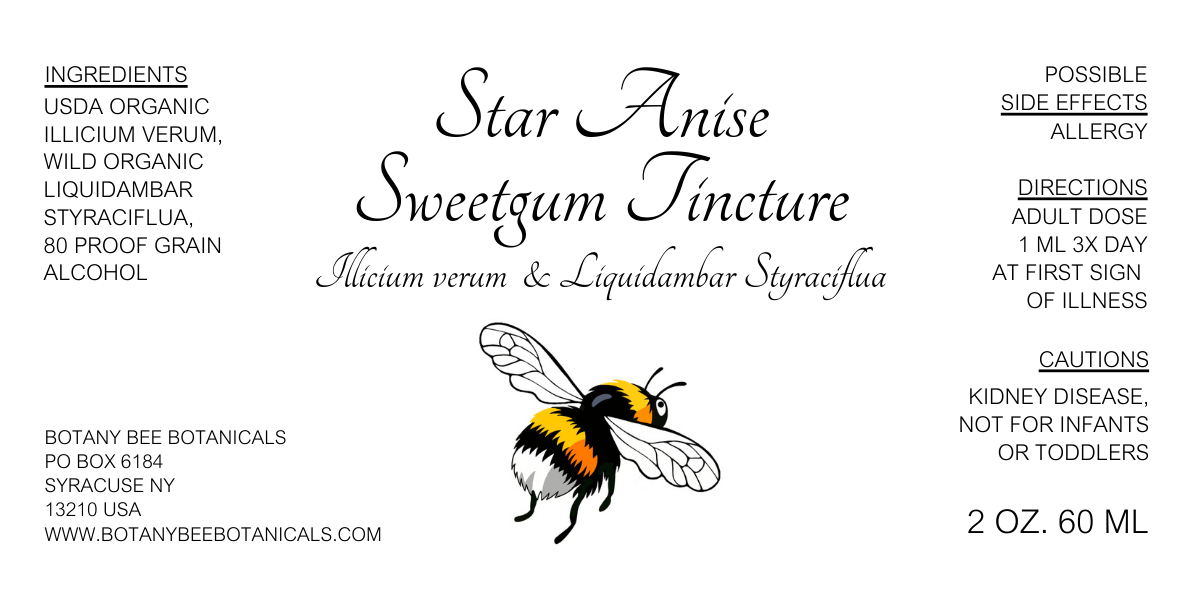 Label for Star Anise Sweetgum Tincture with a bee illustration and text details.