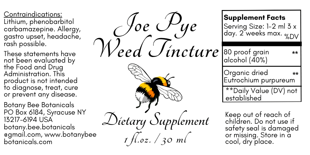 A product label for Joe Pye Weed Tincture dietary supplement by Botany Bee Botanicals, featuring a black and white illustration of a bumblebee, usage instructions, and a supplement facts panel on a white background.