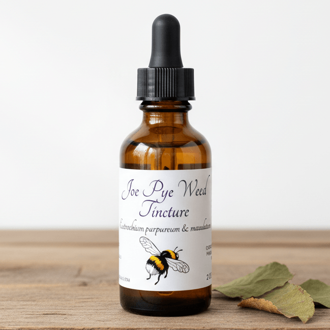 An amber glass dropper bottle labeled 'Joe Rye Weed Tincture' with a black dropper cap, standing on a wooden surface with dried green leaves beside it against a plain light background.