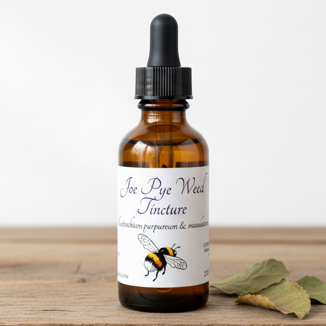 Label for Joe Pye Weed Tincture with a bee illustration and text details.