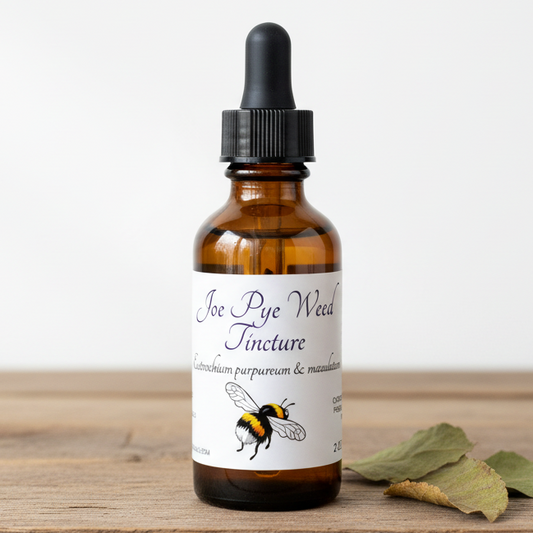 Label for Joe Pye Weed Tincture with a bee illustration and text details.