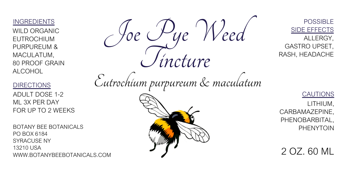 Label for Joe Pye Weed Tincture with a bee illustration and text details.