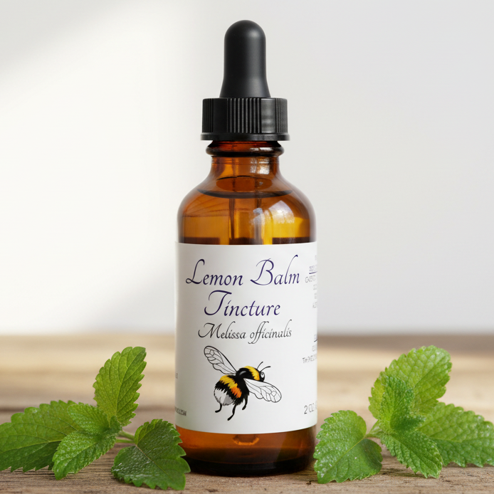 Lemon Balm Tincture label with bee illustration and text details