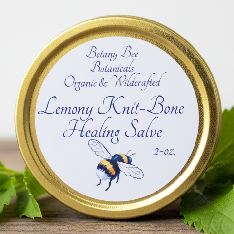 Gold lid of Lemony Knit-Bone Healing Salve with Botany Bee Botanicals branding on a textured background