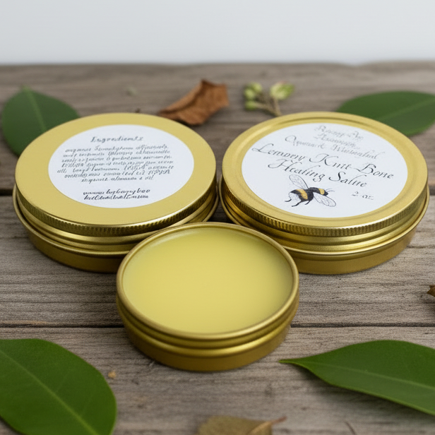 Two tins of Botany Bee Botanicals Lemony Knit-Bone Healing Salve on a textured surface.