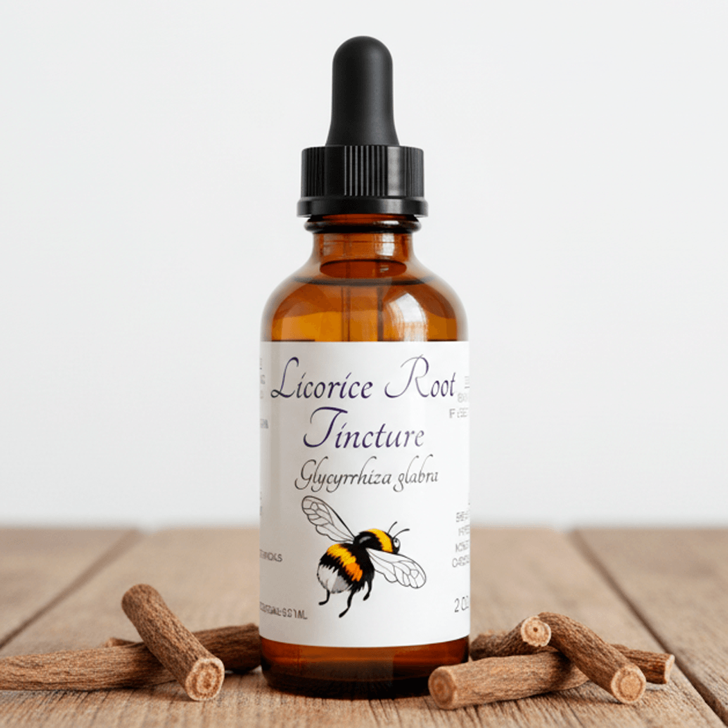 An amber glass dropper bottle of Licorice Root Tincture with a black dropper cap and a white label featuring a bee illustration, displayed on a wooden surface with licorice roots around it.
