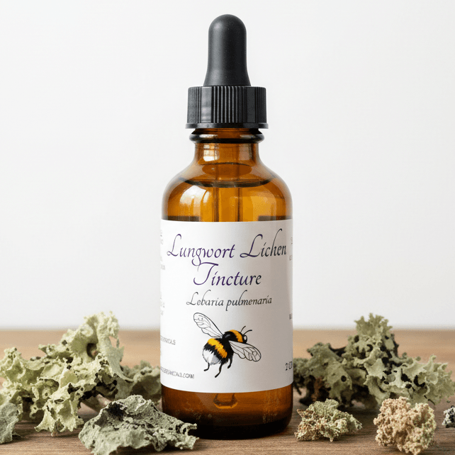 An amber glass dropper bottle labeled 'Lungwort Lichen Tincture' with a black cap, standing on a wooden surface surrounded by dried green and beige lichen plants against a plain light background.