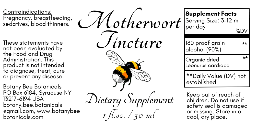 Label for Motherwort Tincture dietary supplement with bee illustration and text.