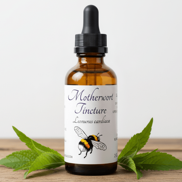 An amber glass dropper bottle labeled 'Motherwort Tincture Leonurus cardiaca' with a black cap, styled on a wooden surface with green leaves against a light gray background.