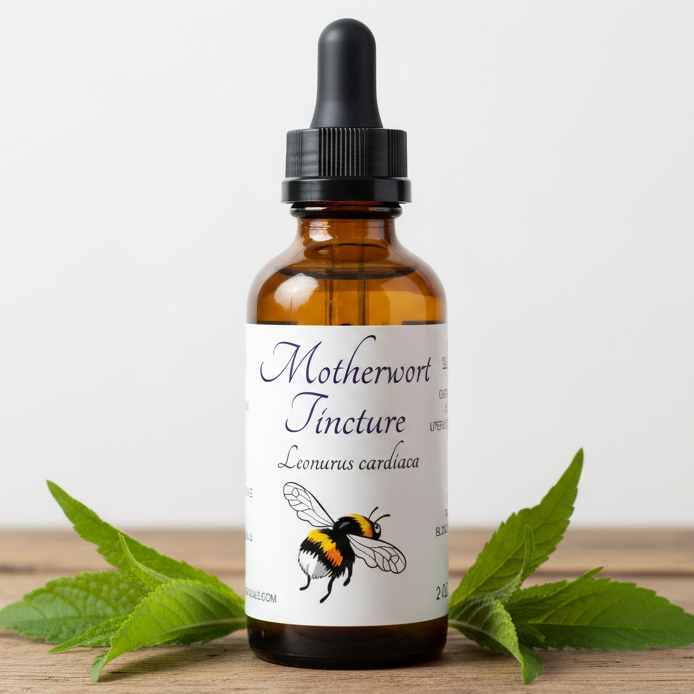 Label for Motherwort Tincture with bee illustration and text details.