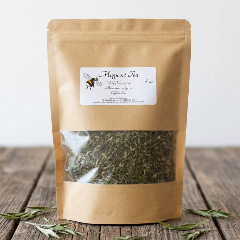 A bag of mugwort tea leaves that are green.