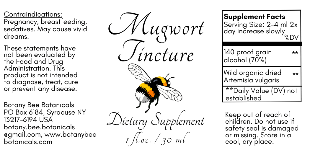 A product information card for Mugwort Jincture dietary supplement by Botany Bee Botanicals, featuring a black and white bee illustration, serving size details, and supplement facts on a white background.