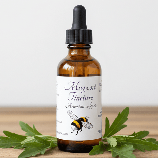 An amber glass dropper bottle labeled 'Mugwort Tincture' with a black cap, placed on a wooden surface with green mugwort leaves around it against a light neutral background.