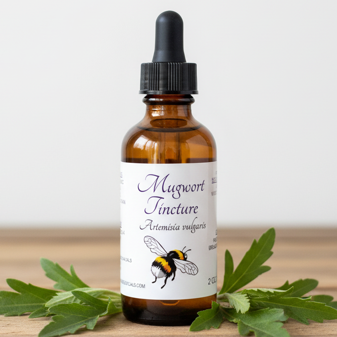 Label for Mugwort Tincture with a bee illustration and text details.