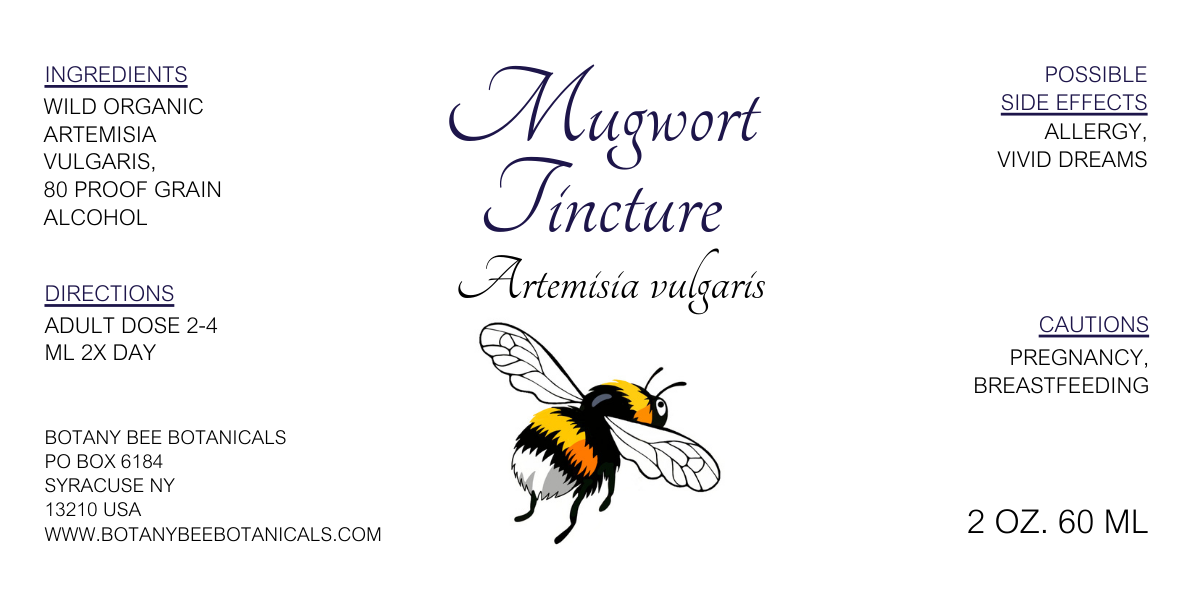 Label for Mugwort Tincture with a bee illustration and text details.
