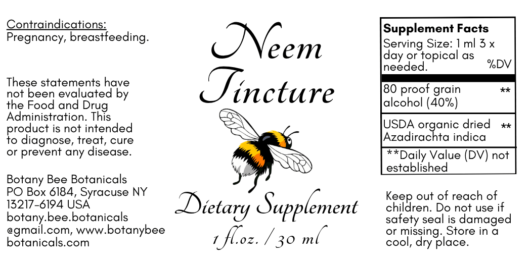 A black and white product label for Neem Tincture dietary supplement by Botany Bee Botanicals, featuring a bumblebee illustration and supplement facts.