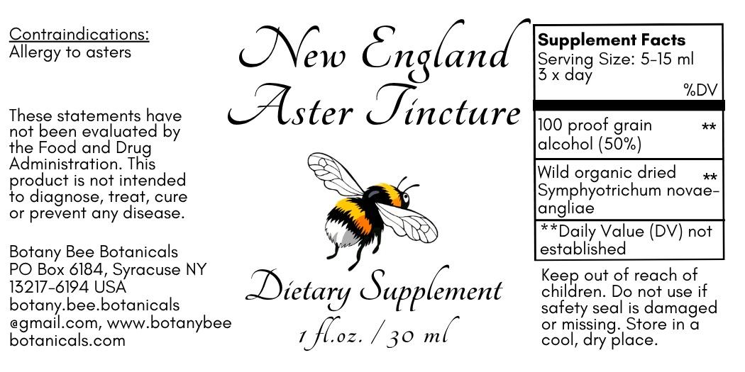 Front and back of a New England Aster Tincture dietary supplement label, featuring a bee illustration and supplement facts on a white background.