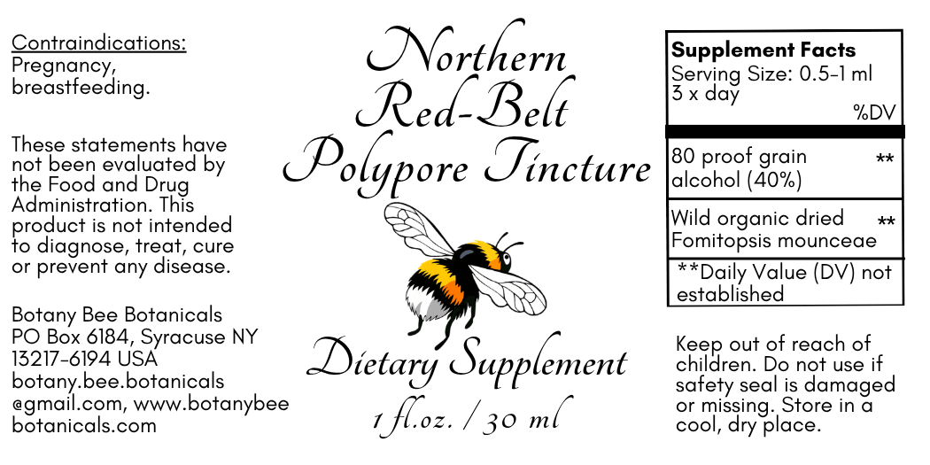 A product label for Northern Red-Belt Polyapore Tincture dietary supplement by Botany Bee Botanicals, featuring a bumblebee illustration, usage instructions, and a supplement facts panel on a black background.