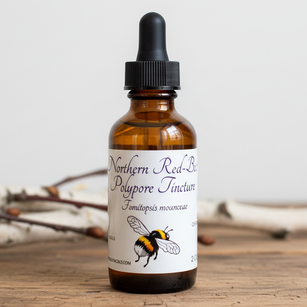 Label for Northern Red-Belt Polypore Tincture with a bee illustration and text details.