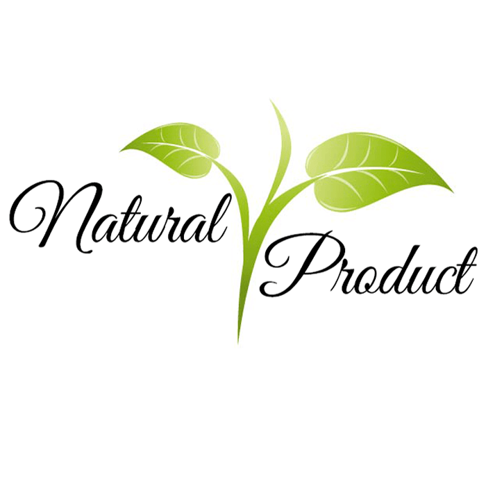 A graphic logo featuring the words 'Natural Product' in black cursive script, with two green leaves and a green stem rising between the words on a plain white background.
