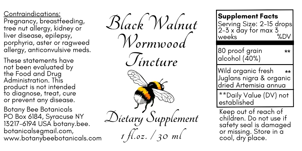 Label for Black Walnut Wormwood Tincture dietary supplement with bee illustration and text.