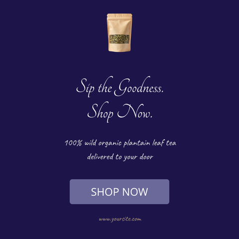 Tea package with promotional text on a dark blue background
