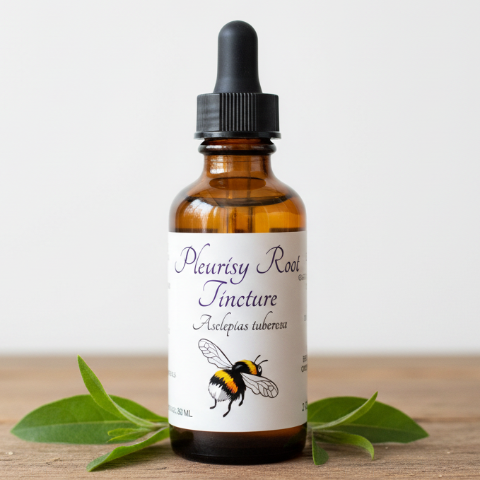 Label for Pleurisy Root Tincture with bee illustration and text details.