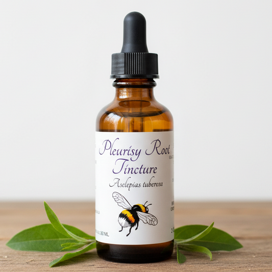 Label for Pleurisy Root Tincture with bee illustration and text details.