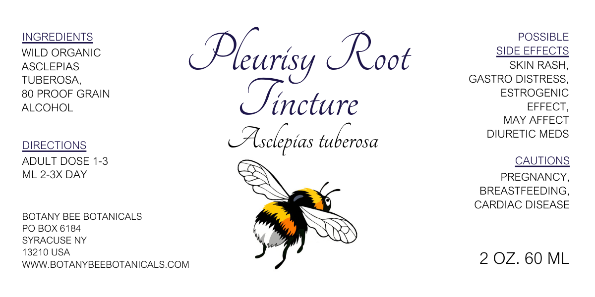 Label for Pleurisy Root Tincture with bee illustration and text details.